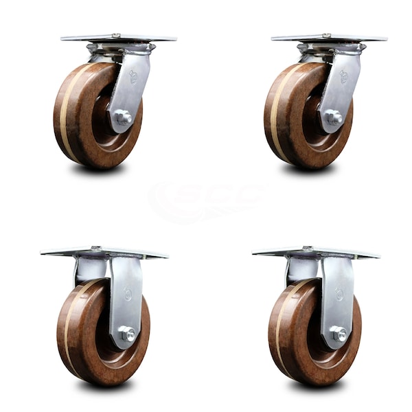 6 Inch High Temp Phenolic Caster Set with Roller Bearings 2 Swivel 2 Rigid SCC